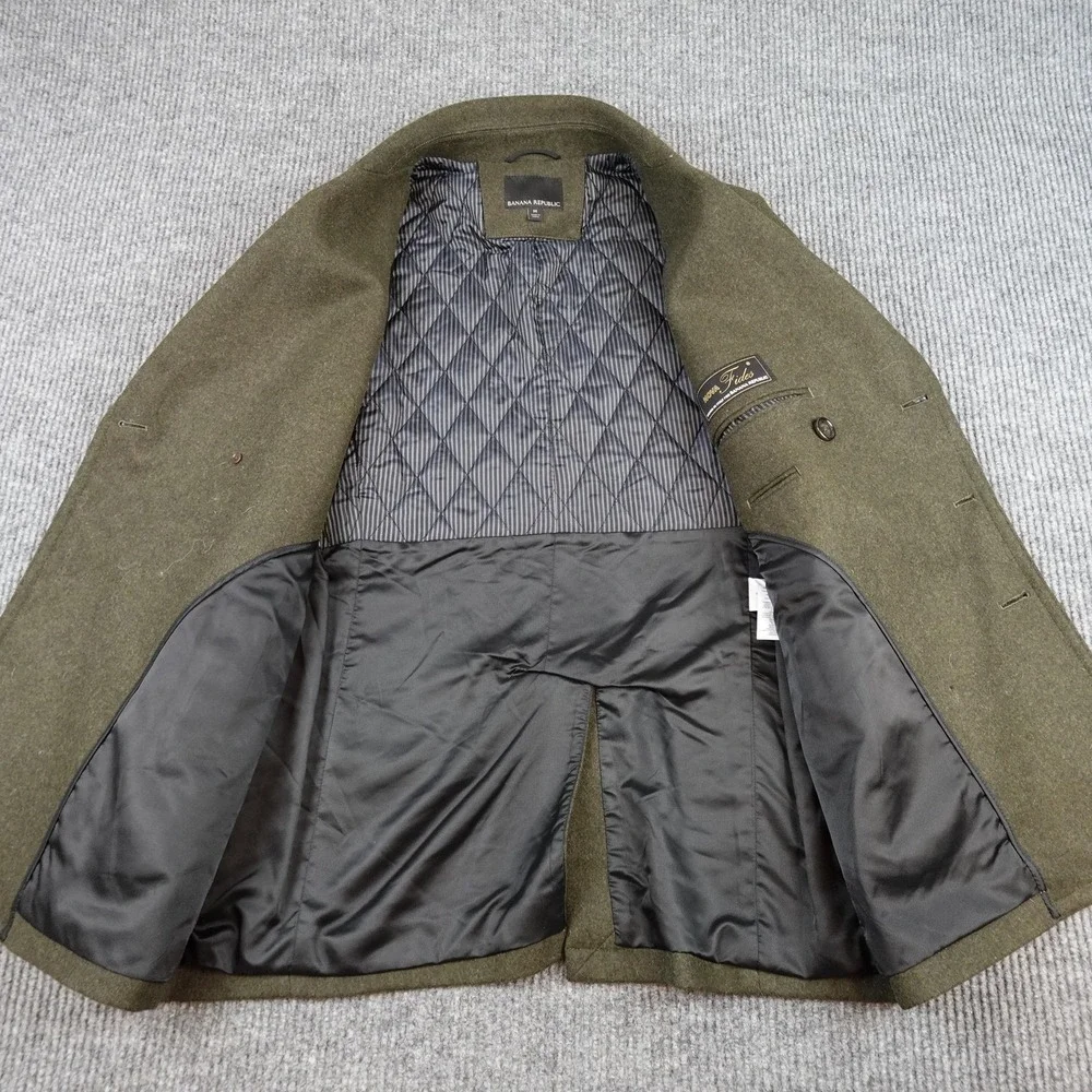Banana Republic Mens Pea Coat Medium Green Wool Cashmere Double Breasted Quilted